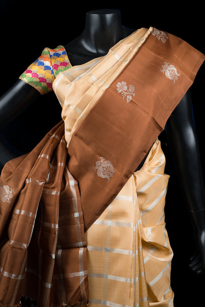 Ecru and Brown Handloom Kanchipuram Silk Saree