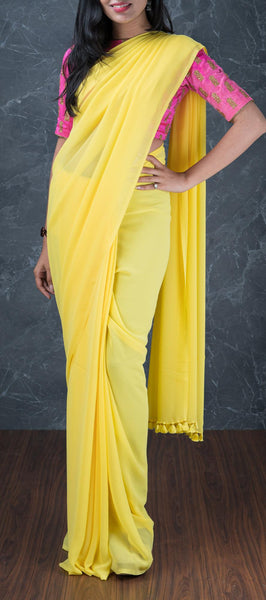 Yellow Semi Chiffon Saree