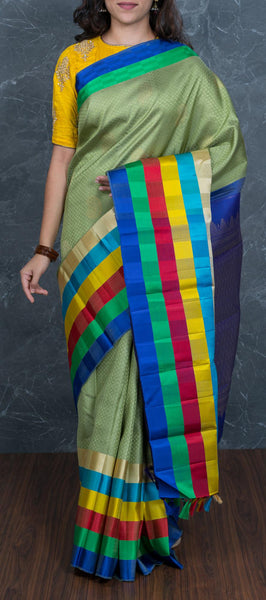 Olive green kanchipuram silk saree with multi-coloured border