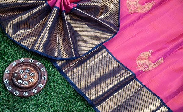 Fuscia Pink Kanchipuram Silk Saree with Zari Checks