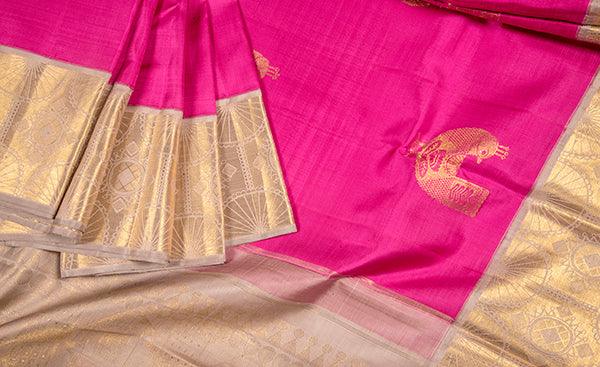 Kanjivaram Sandal Silk Saree with Bright Pink – Muhurth