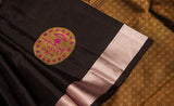 Black kanchipuram silk saree with silver silk thread border