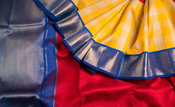 Yellow, Red & Blue Pure Kanchipuram Handloom Silk Saree