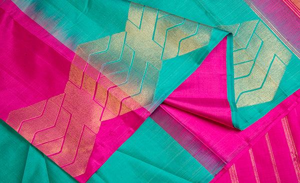 Coral Green & Dark Pink Exclusive Kanchipuram Handloom Silk Saree