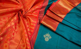 Dark Teal & Bright Orange Pure Kanchipuram Handloom Silk Saree