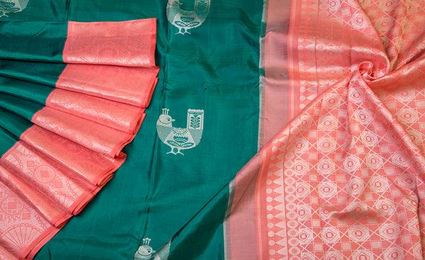 Green & Peach Pure Kanchipuram Handloom Silk Saree