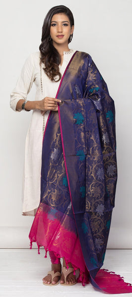 Dark Blue & Pink Kora Silk Dupatta