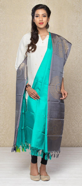 Turquoise Blue & Grey Lime Green & Navy Blue Pure Silk Dupatta