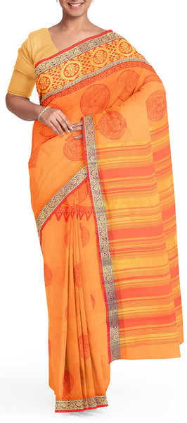 Orange Printed Semi Cotton Saree