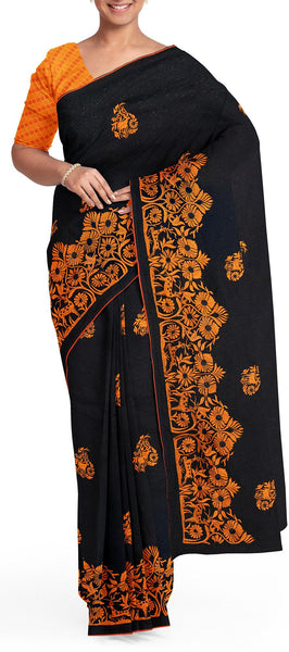Black Semi Silk Cotton Saree with Embroidery