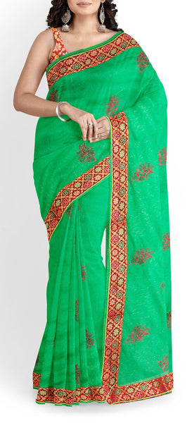 Parrot Green Semi Tussar Saree