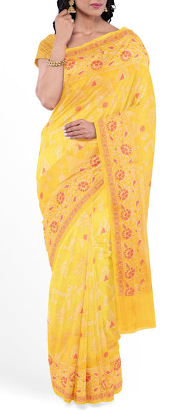 Yellow Semi Benarasi Saree
